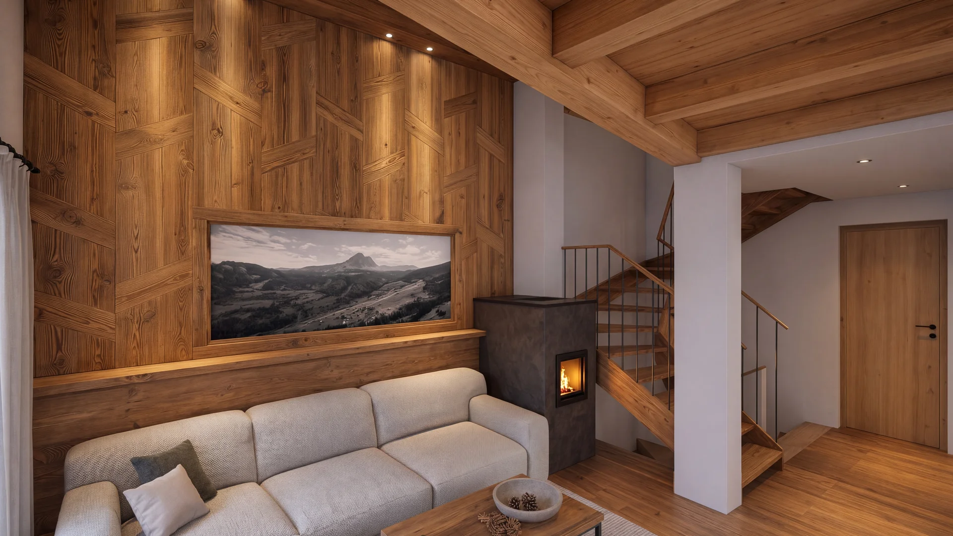 Wohnzimmer mit hellem Sofa, Holzvertäfelung, Kamin und Treppe