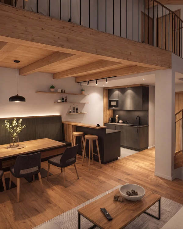 Wohn- und Essbereich mit offener Küche, Holzbalkendecke und Treppe zur Galerie