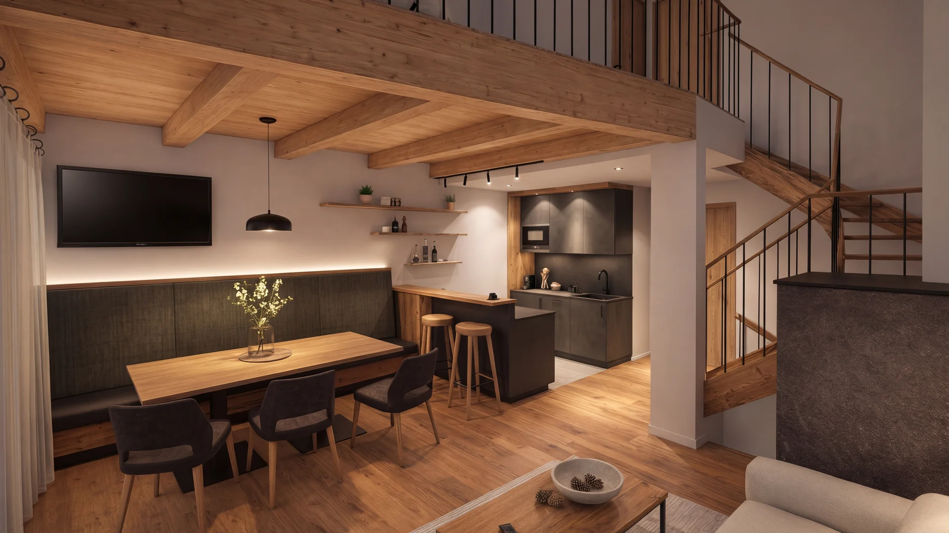 Wohn- und Essbereich mit offener Küche, Holzbalkendecke und Treppe zur Galerie