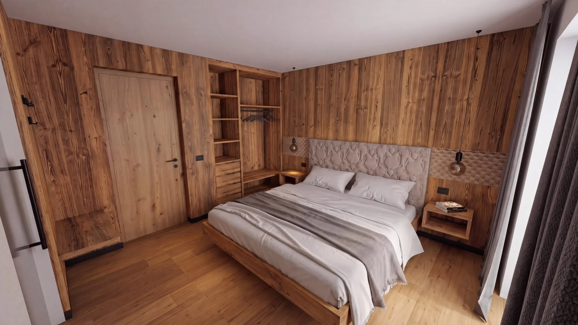 Schlafzimmer mit Holzwänden, Doppelbett und offenem Kleiderschrank