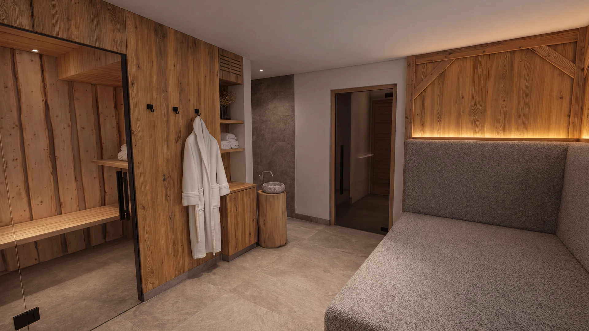 Wellnessraum mit Holzwänden, Liege, Bademänteln und Waschbecken