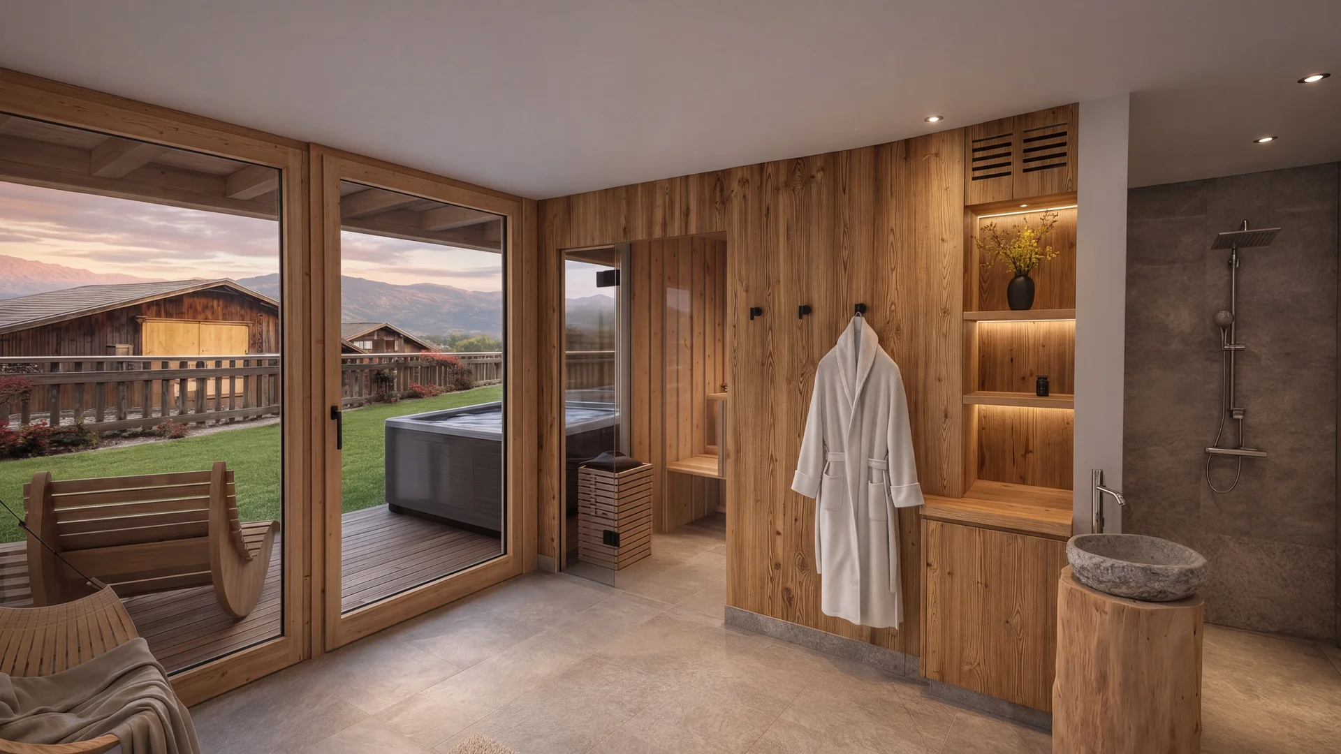 Wellnessbereich mit Holzsauna, Dusche, Bademantel und Außenwhirlpool mit Bergblick