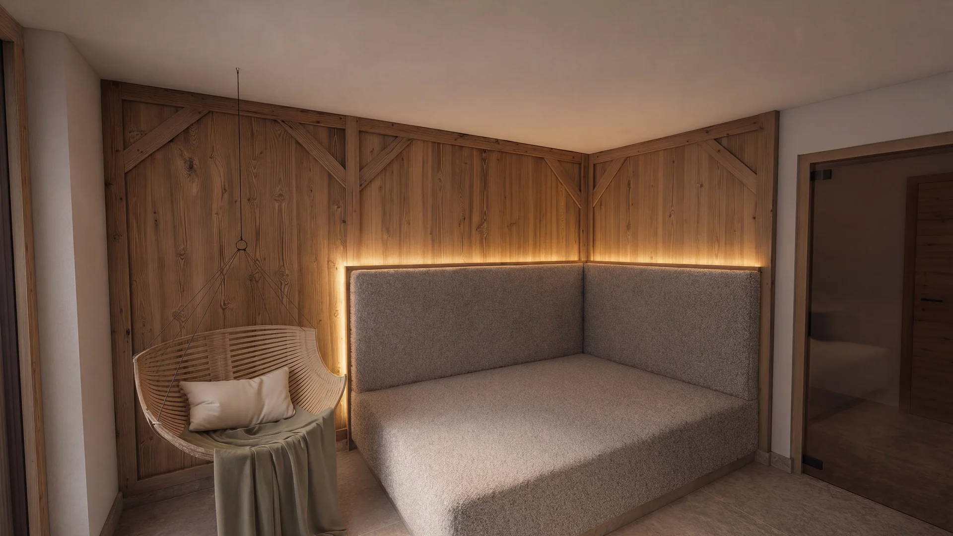 Gemütlicher Ruheraum mit gepolsterter Liege, hängendem Rattansessel und warm beleuchteter Holzwand