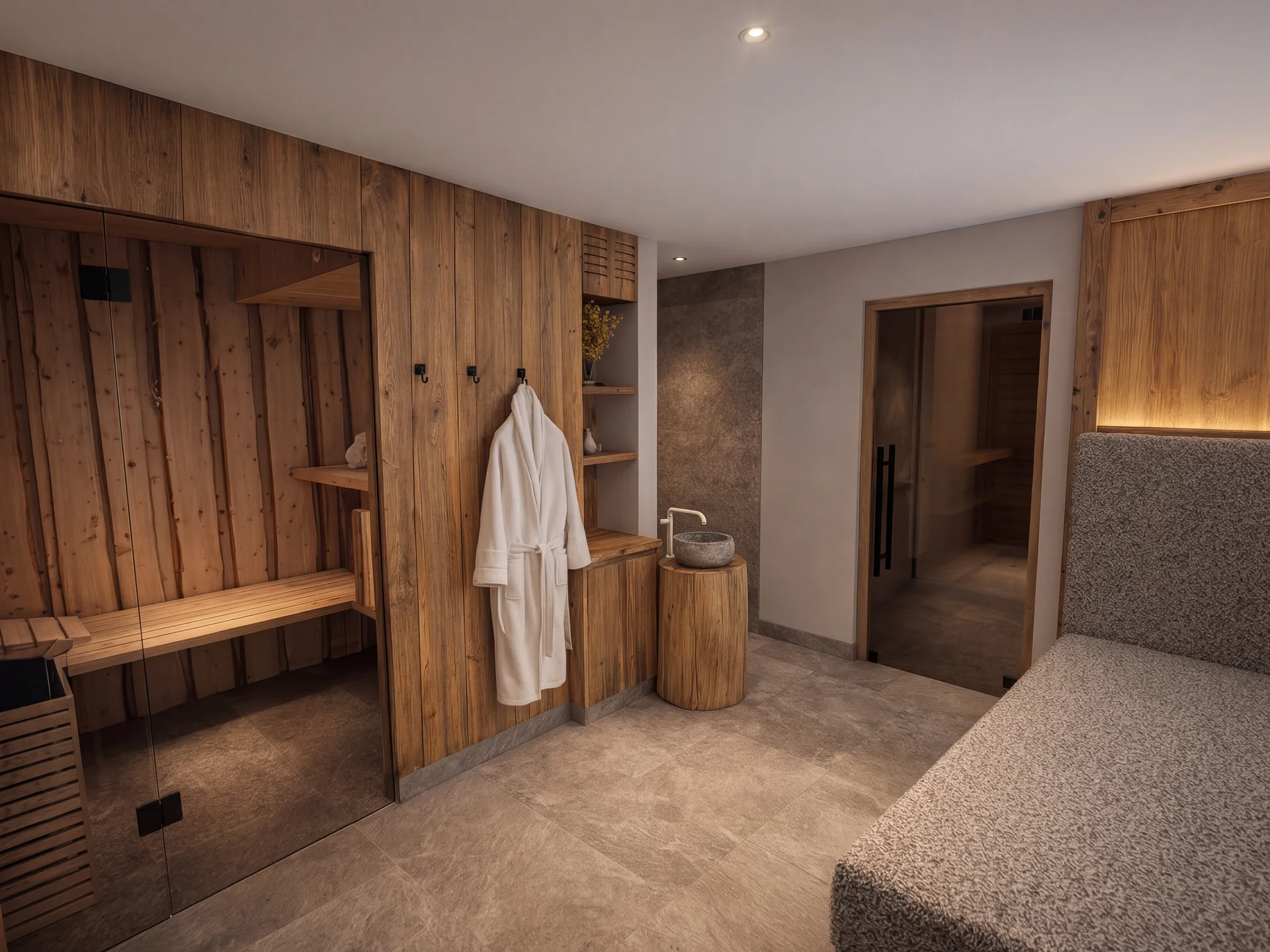 Ihr Chalet in den Dolomiten mit privater Sauna Wellnessraum mit holzverkleideter Sauna, Bademantel und Waschbecken