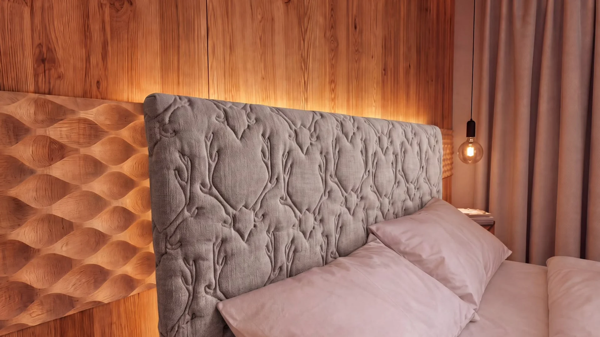 Bett mit grauem Polsterkopfteil vor einer warm beleuchteten Holzwand
