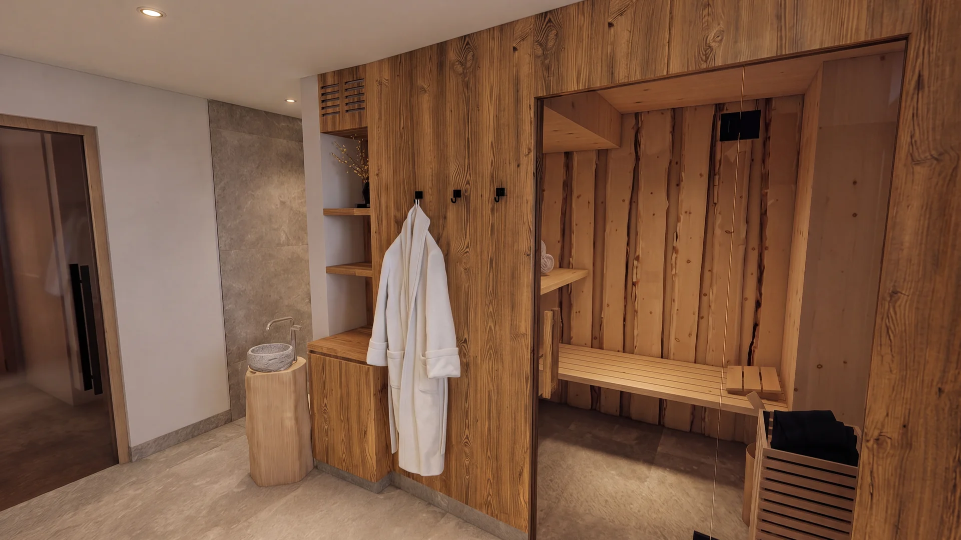 Holzsauna mit Sitzbank, weißem Bademantel und Saunaeimer
