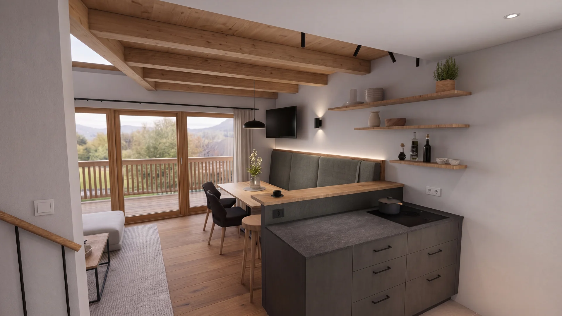 Offene Küche und Essbereich mit Holzbalken, Sitzbank und großen Fenstern zum Balkon