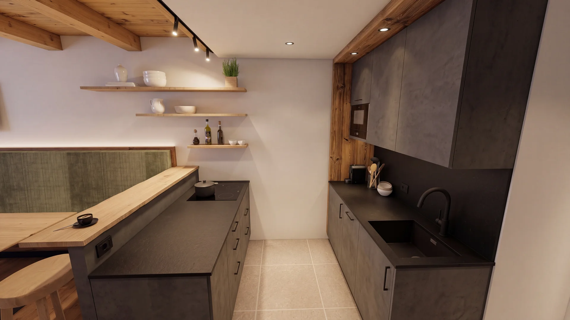 Moderne Küche mit dunklen Schränken, Holztheke und offenen Regalen