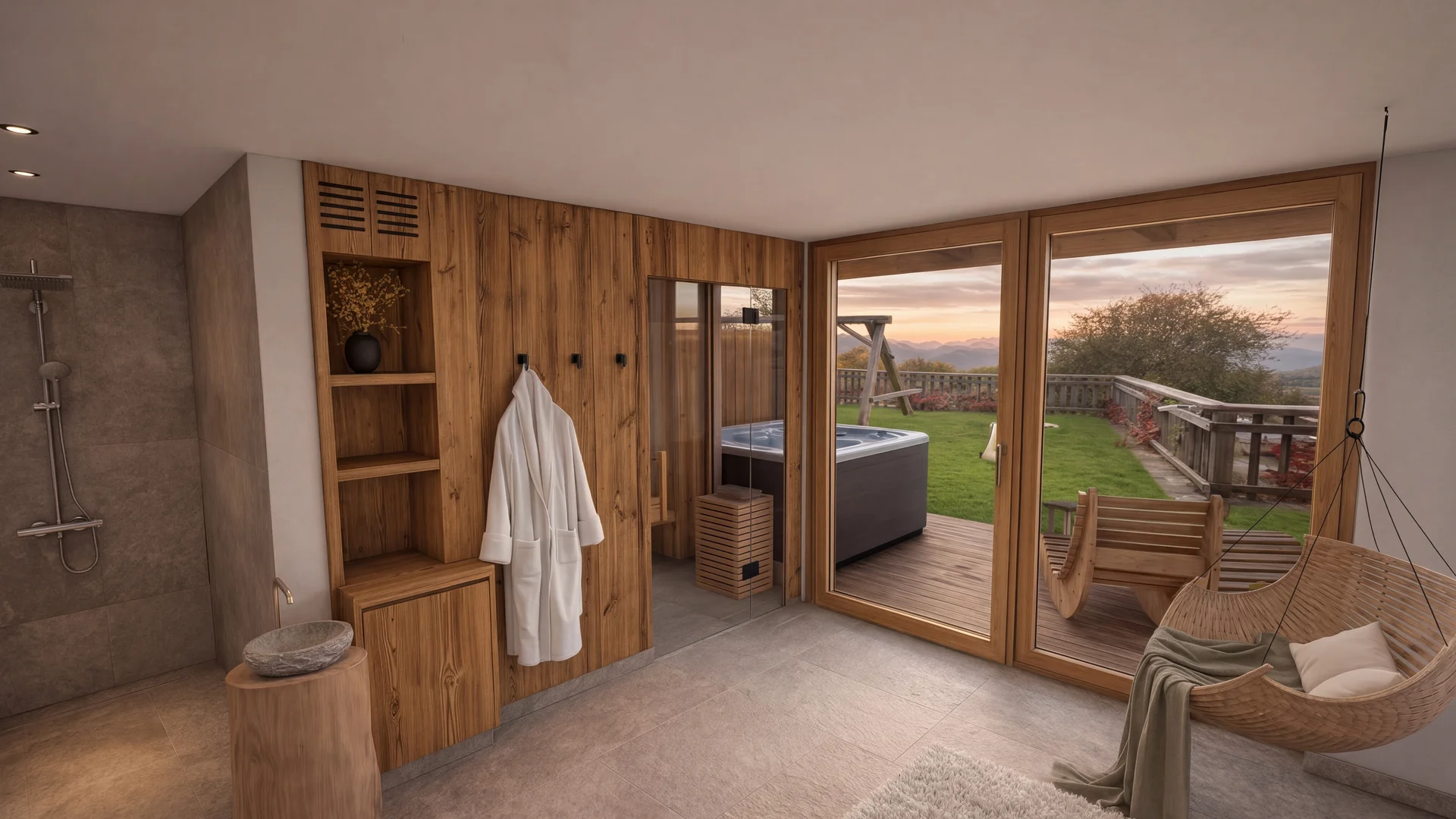 Wellnessbad mit Holzverkleidung, Dusche und Bademänteln, Blick auf Terrasse mit Whirlpool