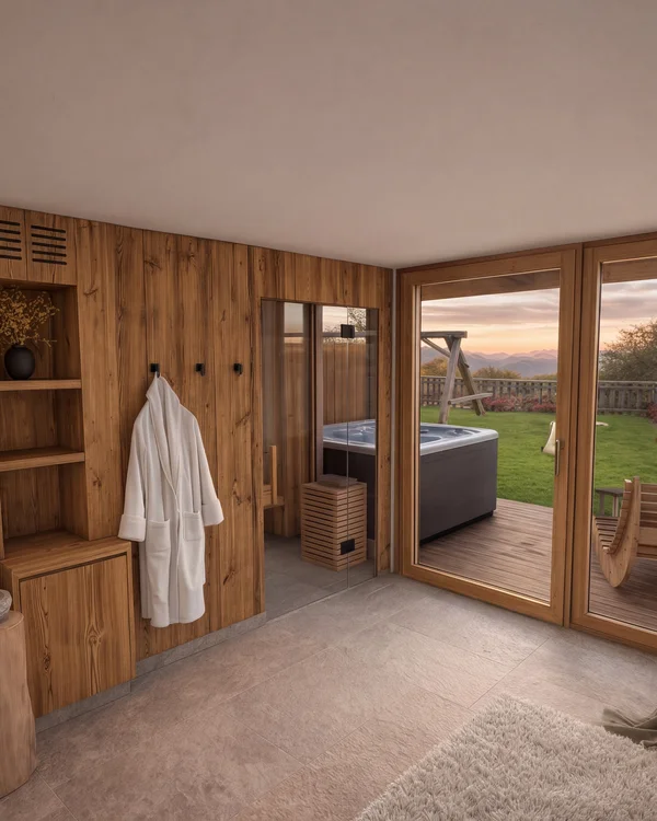 Wellnessbad mit Holzverkleidung, Dusche und Bademänteln, Blick auf Terrasse mit Whirlpool