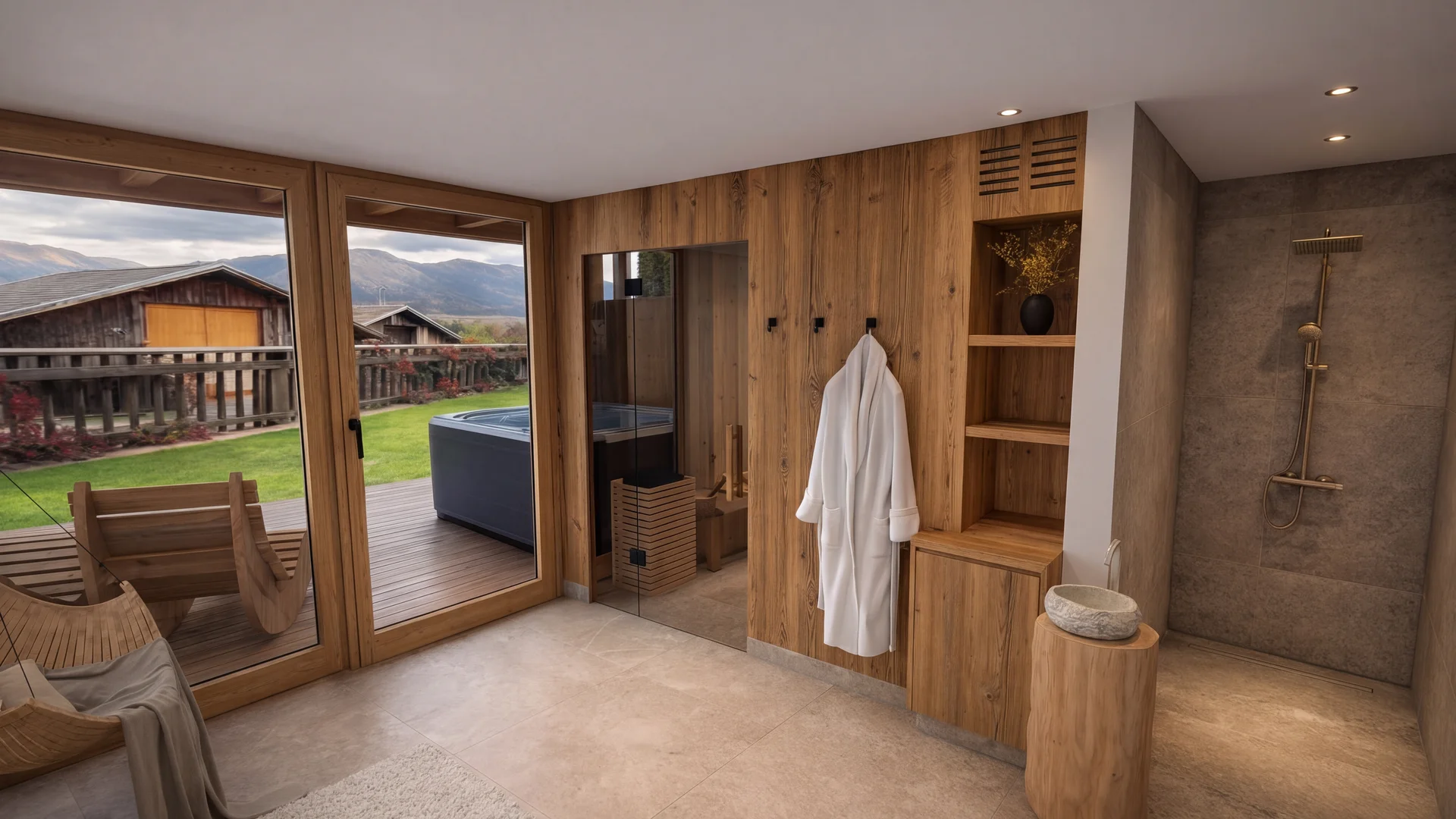 Wellnessbad mit Holzsauna, Regendusche und Zugang zur Terrasse mit Whirlpool