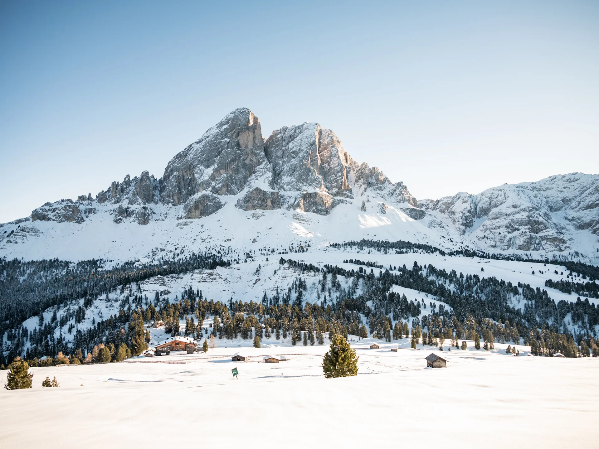 Verschneite Berggipfel über einem Wald und verstreuten Hütten in einer winterlichen Landschaft