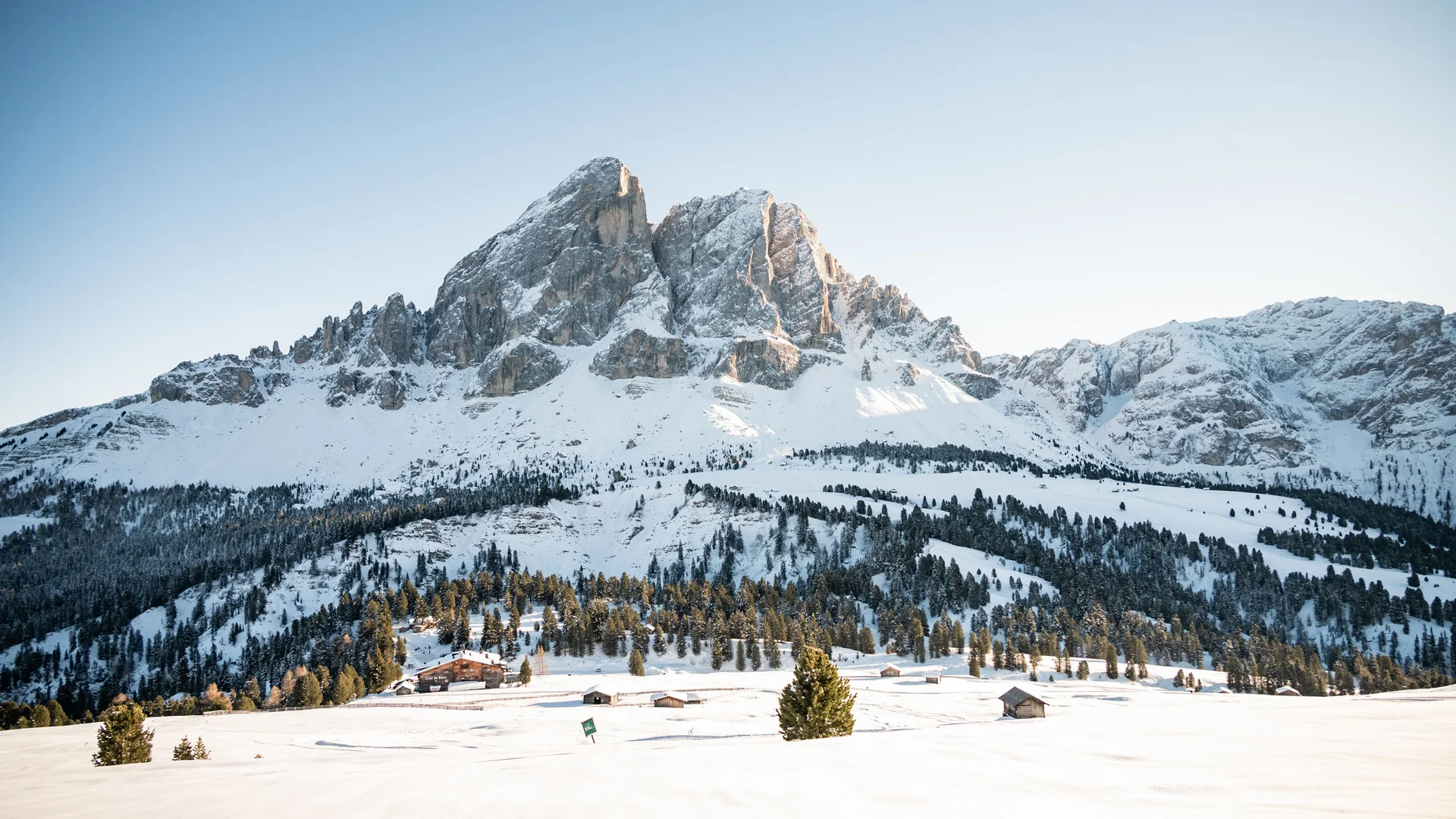 Verschneite Berggipfel über einem Wald und verstreuten Hütten in einer winterlichen Landschaft