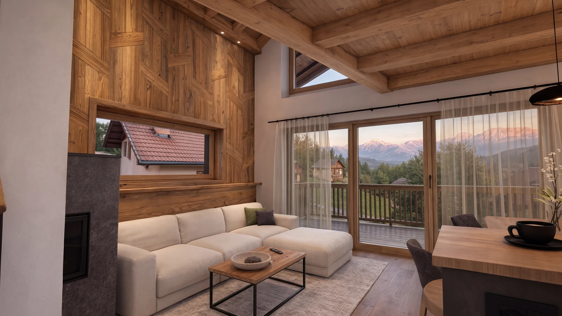 Wohnbereich mit Holzdecke, hellem Sofa und Balkonblick auf die Berge