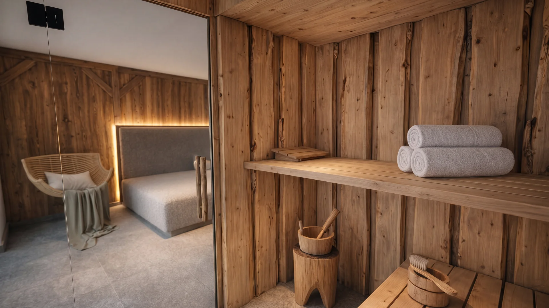 Holzsauna mit gerollten Handtüchern, Aufgusseimer und Sitzbank neben einem Schlafzimmer