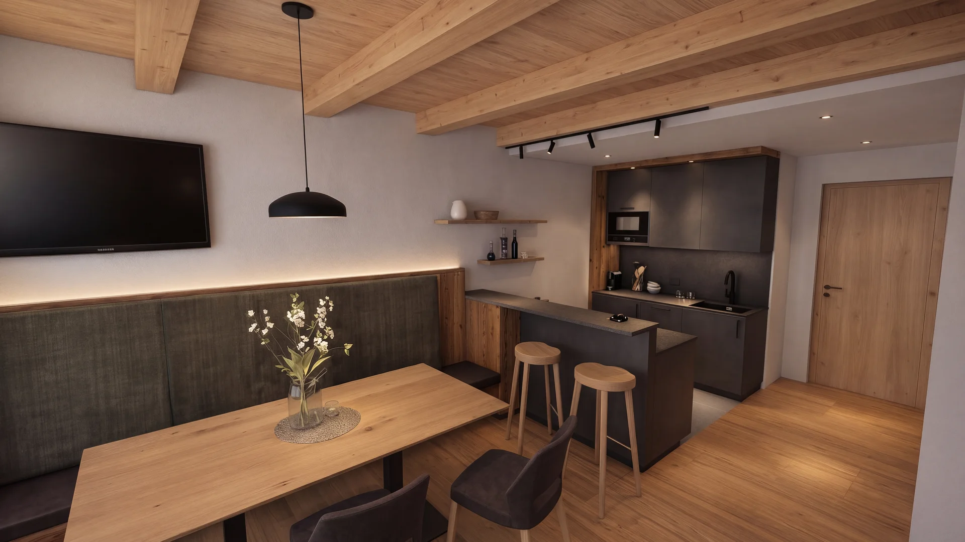 Moderne Wohnküche mit Holzbalkendecke, Esstisch und Kücheninsel mit Barhockern