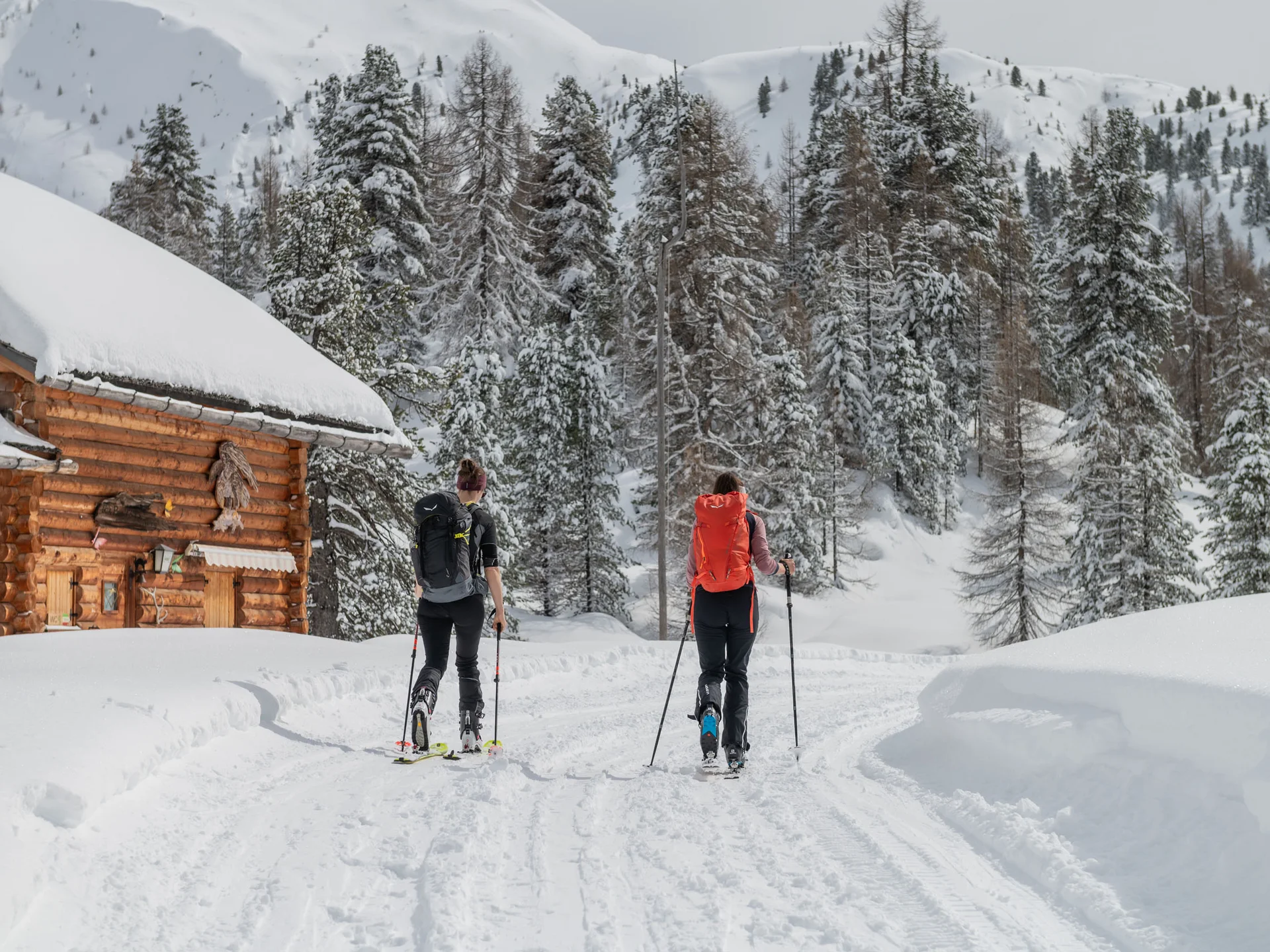 Zwei Skifahrer mit Stöcken auf einem verschneiten Weg neben einer Berghütte