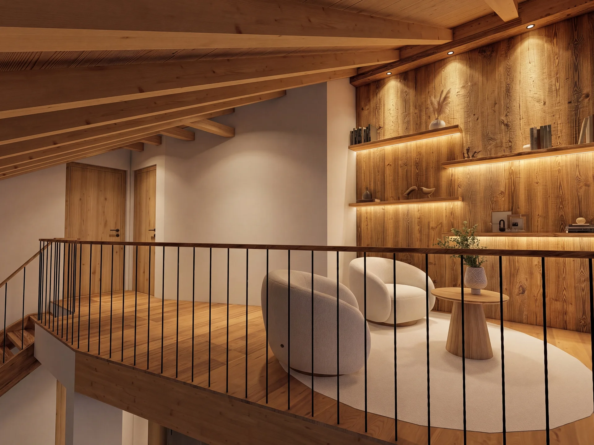 Ihr Chalet in den Dolomiten mit privater Sauna Gemütliche Lounge mit Sesseln, Holzbalken und beleuchteten Wandregalen