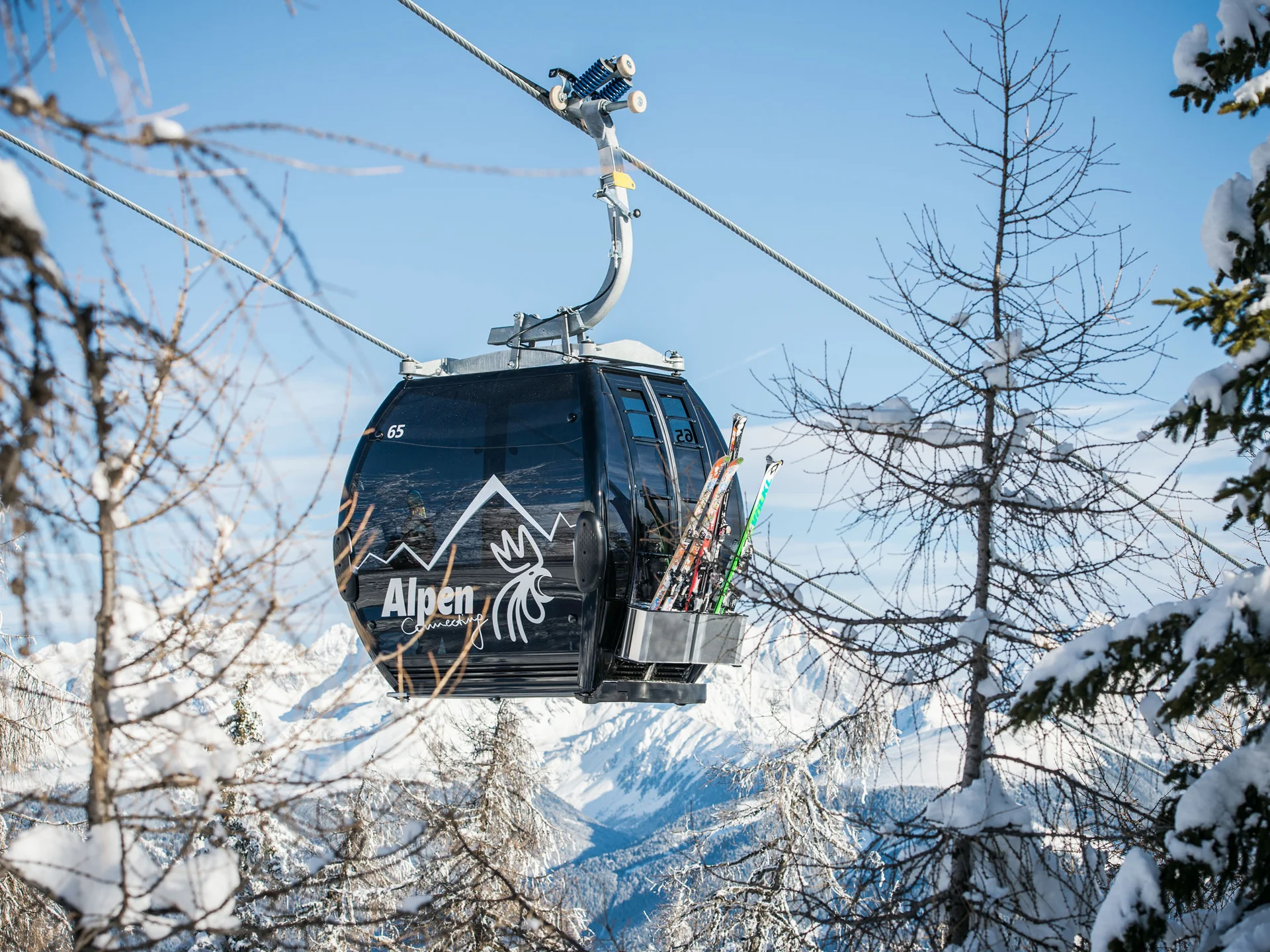 Gondel mit Skiern schwebt über verschneiten Bäumen vor einer Bergkulisse