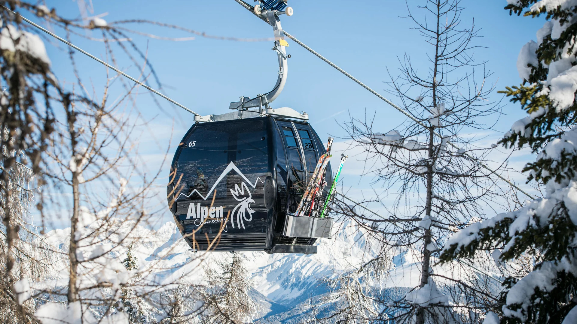 Gondel mit Skiern schwebt über verschneiten Bäumen vor einer Bergkulisse
