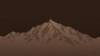 Stilisierte Berglandschaft mit markantem Gipfel und einem kleinen Mast auf der Spitze