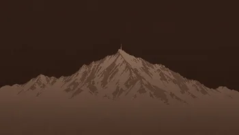 Stilisierte Berglandschaft mit markantem Gipfel und einem kleinen Mast auf der Spitze