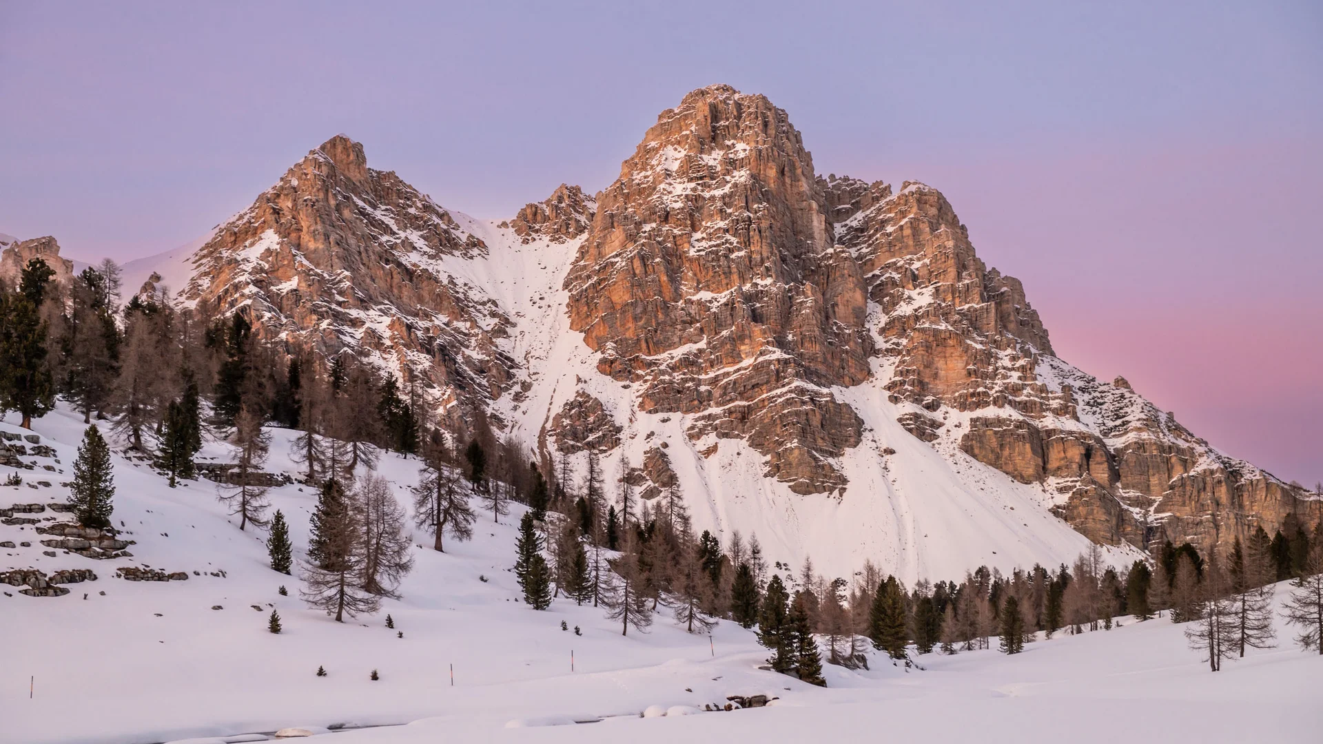 Ihr Chalet in den Dolomiten mit privater Sauna Verschneite Felsgipfel und Nadelbäume im rosafarbenen Abendlicht