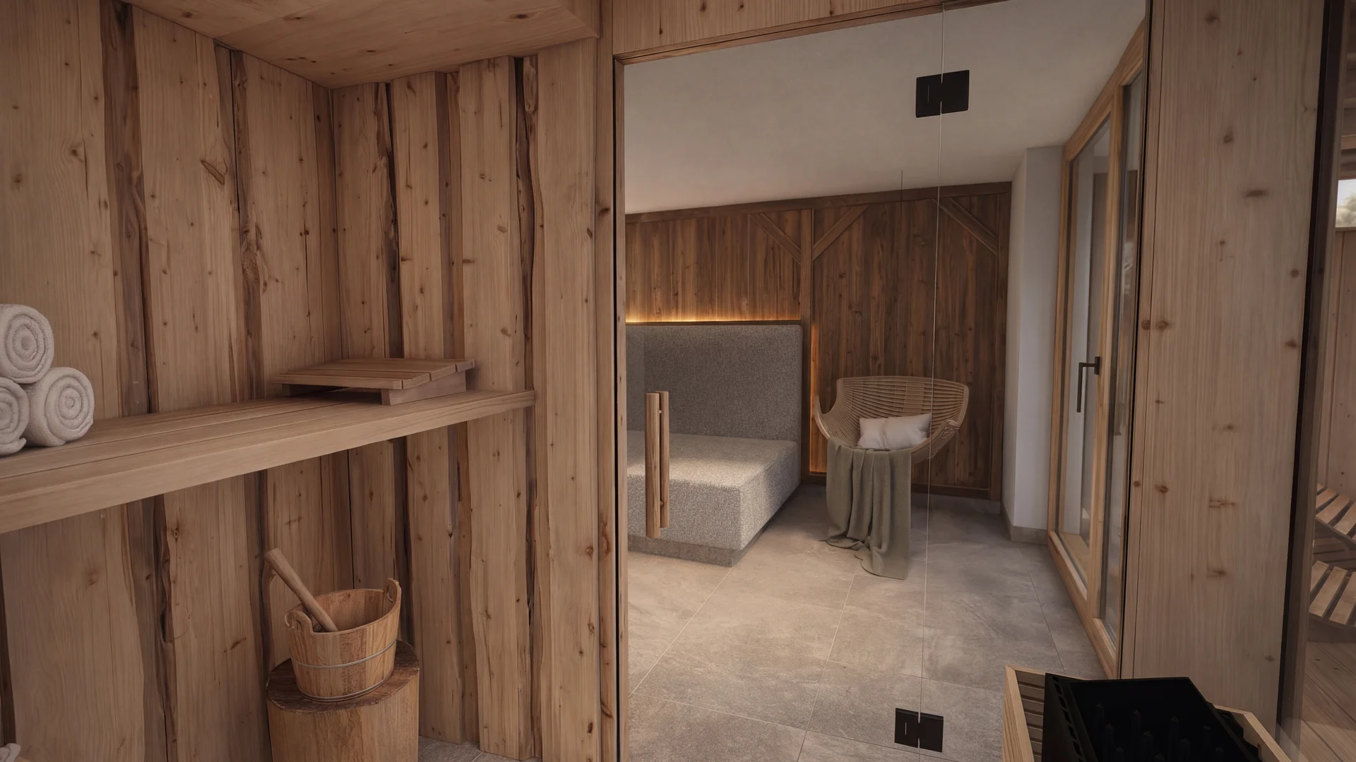 Holzsauna mit Handtüchern, Aufgusseimer und Sitzbank hinter einer Glastür