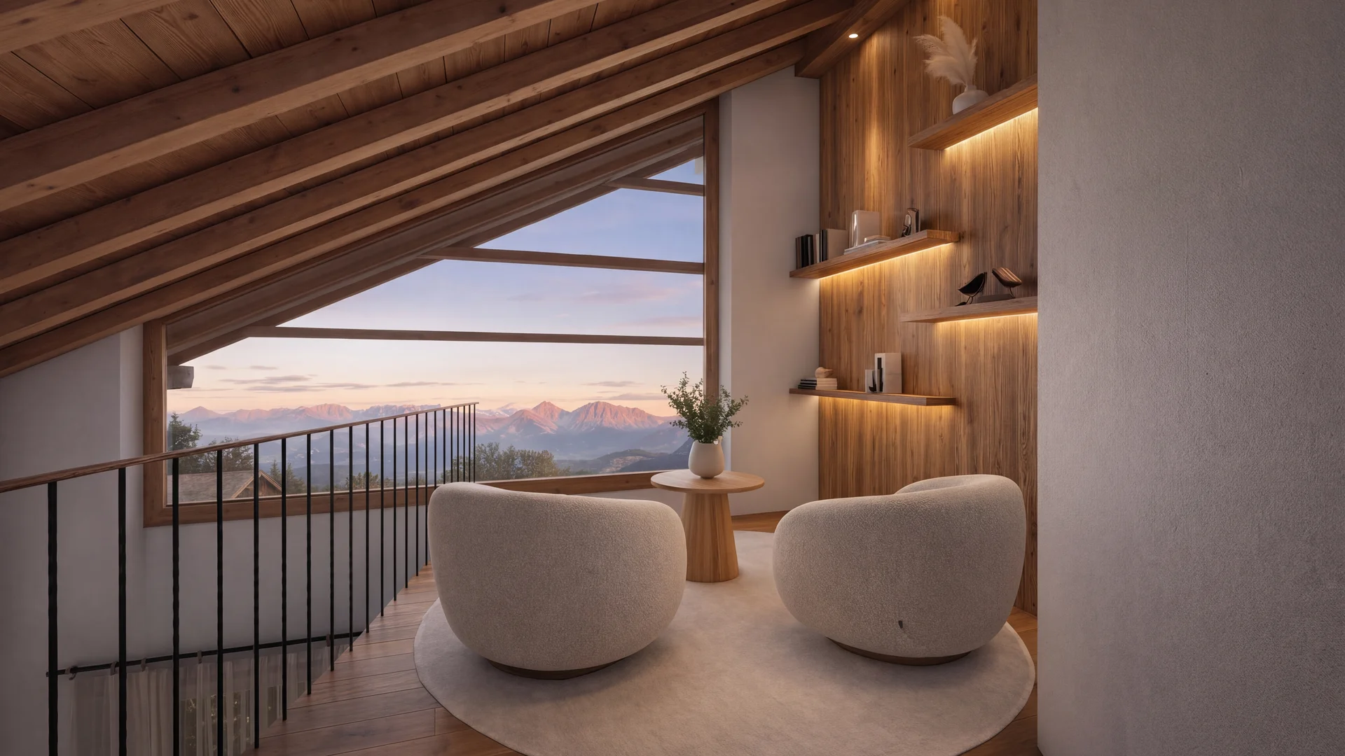 Ihr Chalet in den Dolomiten mit privater Sauna Gemütliche Sitznische unter einem Holzdach mit Panoramablick auf Berge im Abendlicht