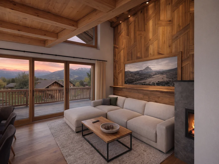 Wohnzimmer mit Holzdecke, hellem Ecksofa, Kamin und Blick auf Berge im Abendlicht