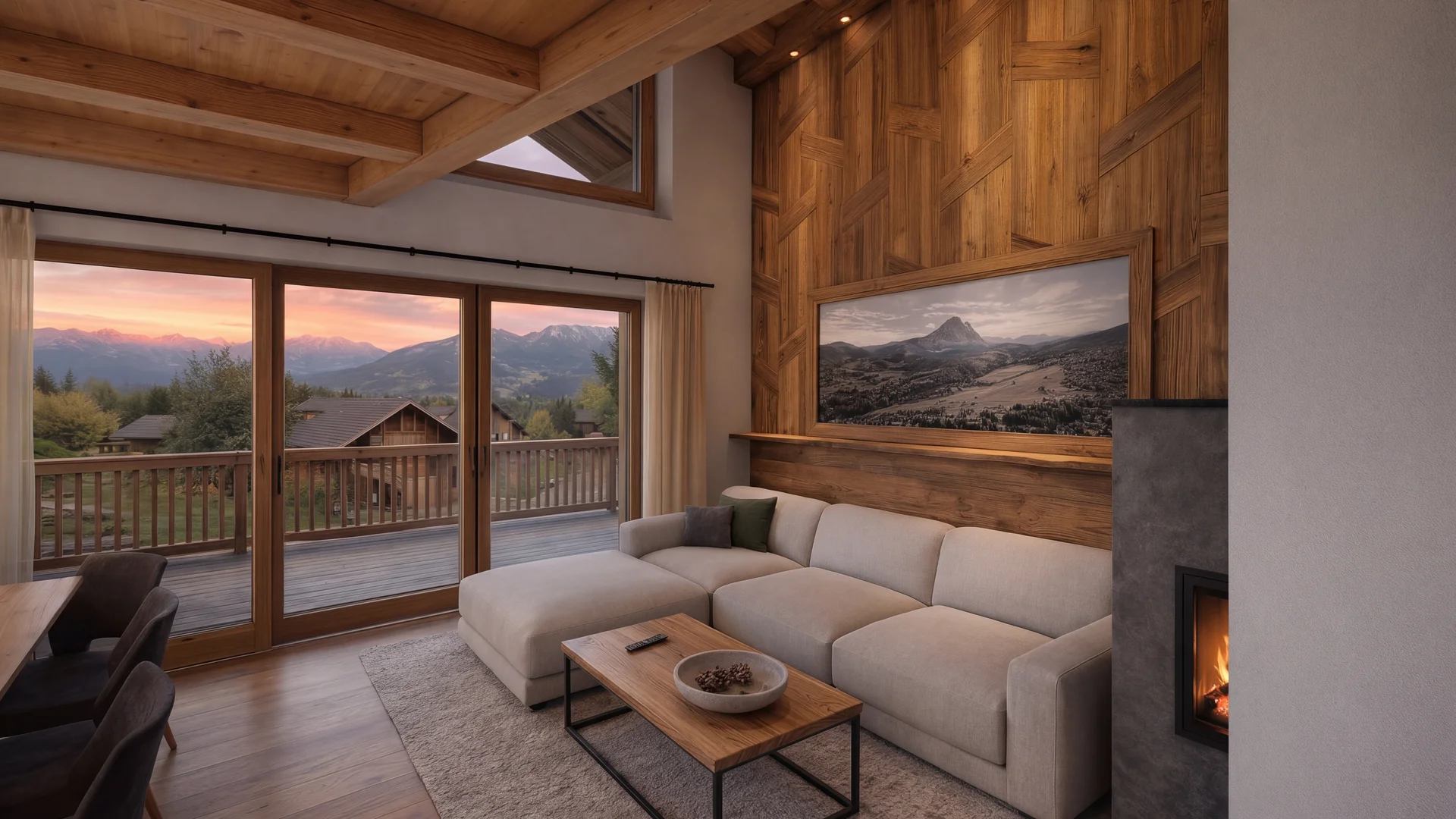 Wohnzimmer mit Holzdecke, hellem Ecksofa, Kamin und Blick auf Berge im Abendlicht