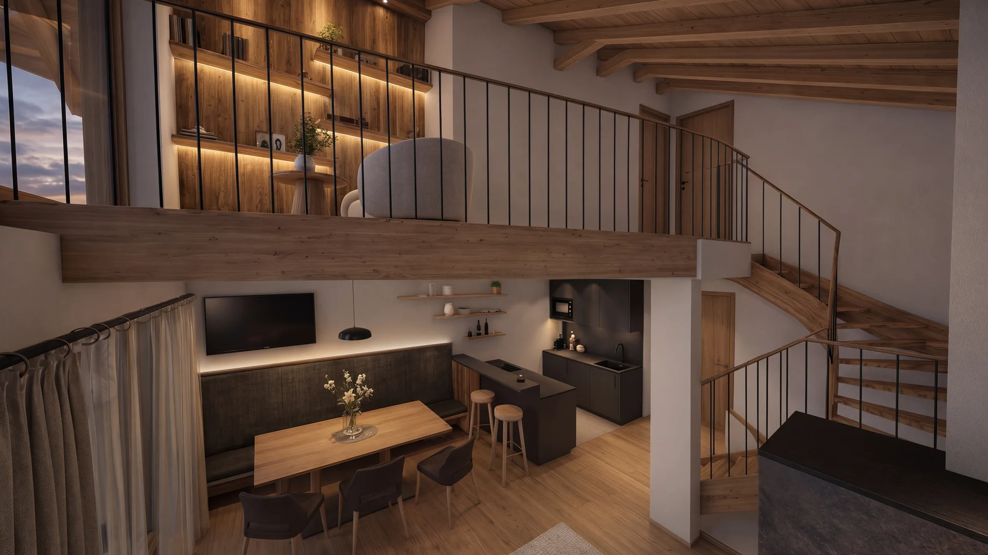 Gemütliches Loft mit Küche, Essbereich und Treppe zur Galerie