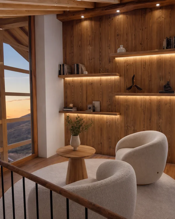 Gemütliche Sitzecke mit Holzregalen und großem Fensterblick auf Berge im Abendlicht