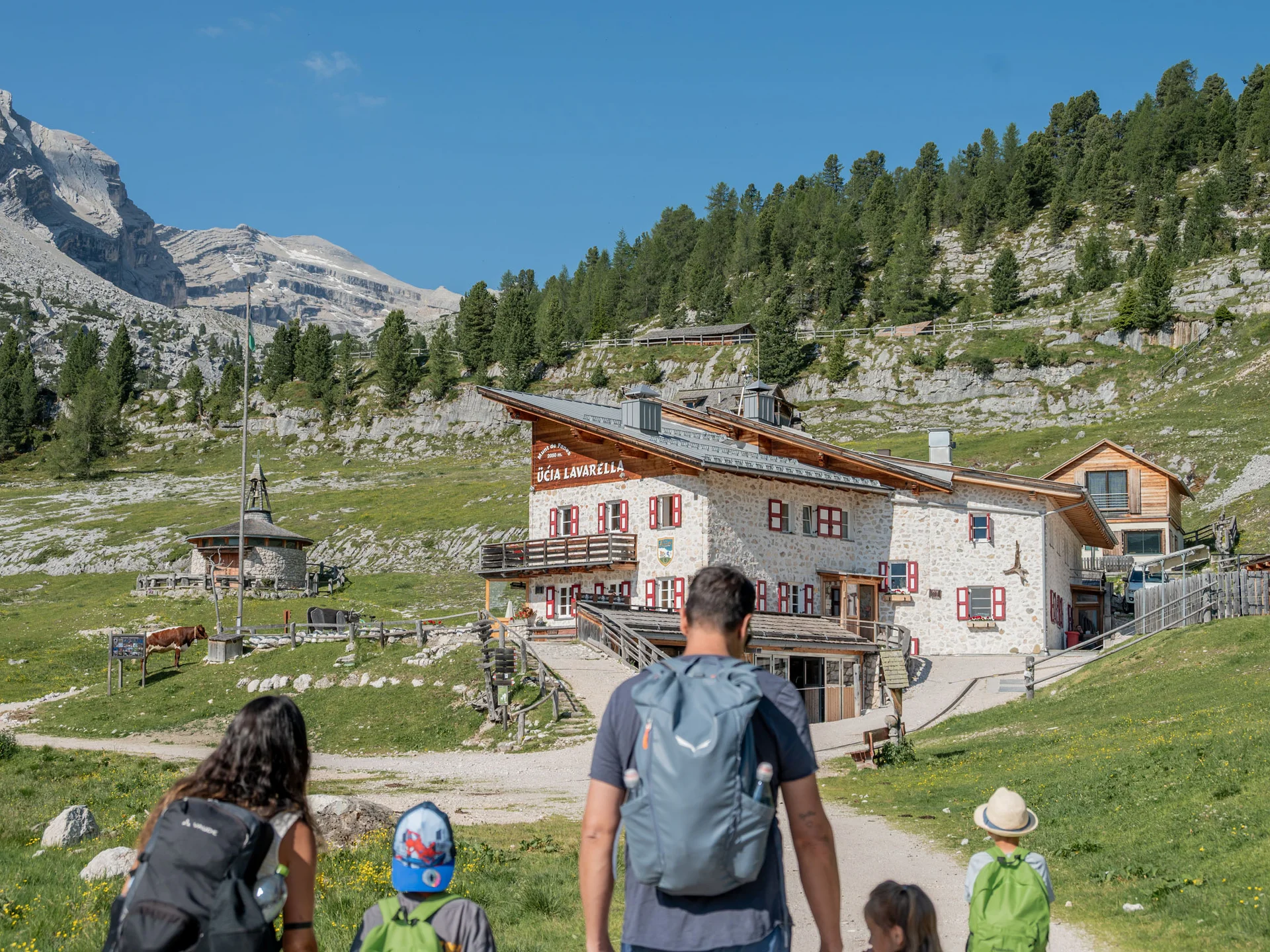 Naturparks Fanes-Sennes-Prags und Puez-Geisler | Chalet Löm Wanderer gehen zur Berghütte Ücia Lavarella in einer grünen, felsigen Berglandschaft